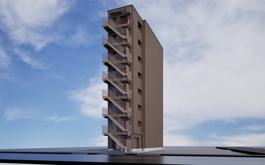 m3 building（テナントビル、金山、重量鉄骨造・8階建て・細長い敷地）