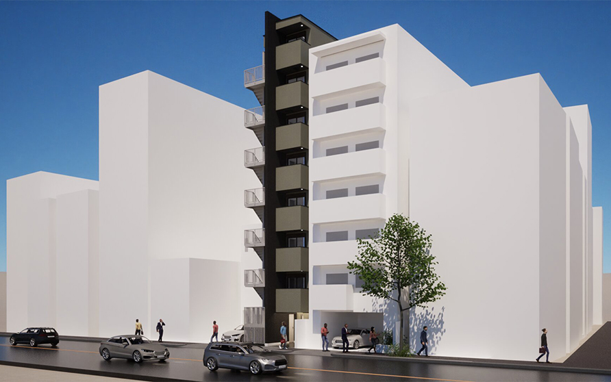 m3 building（テナントビル、金山、重量鉄骨造・8階建て・細長い敷地）
